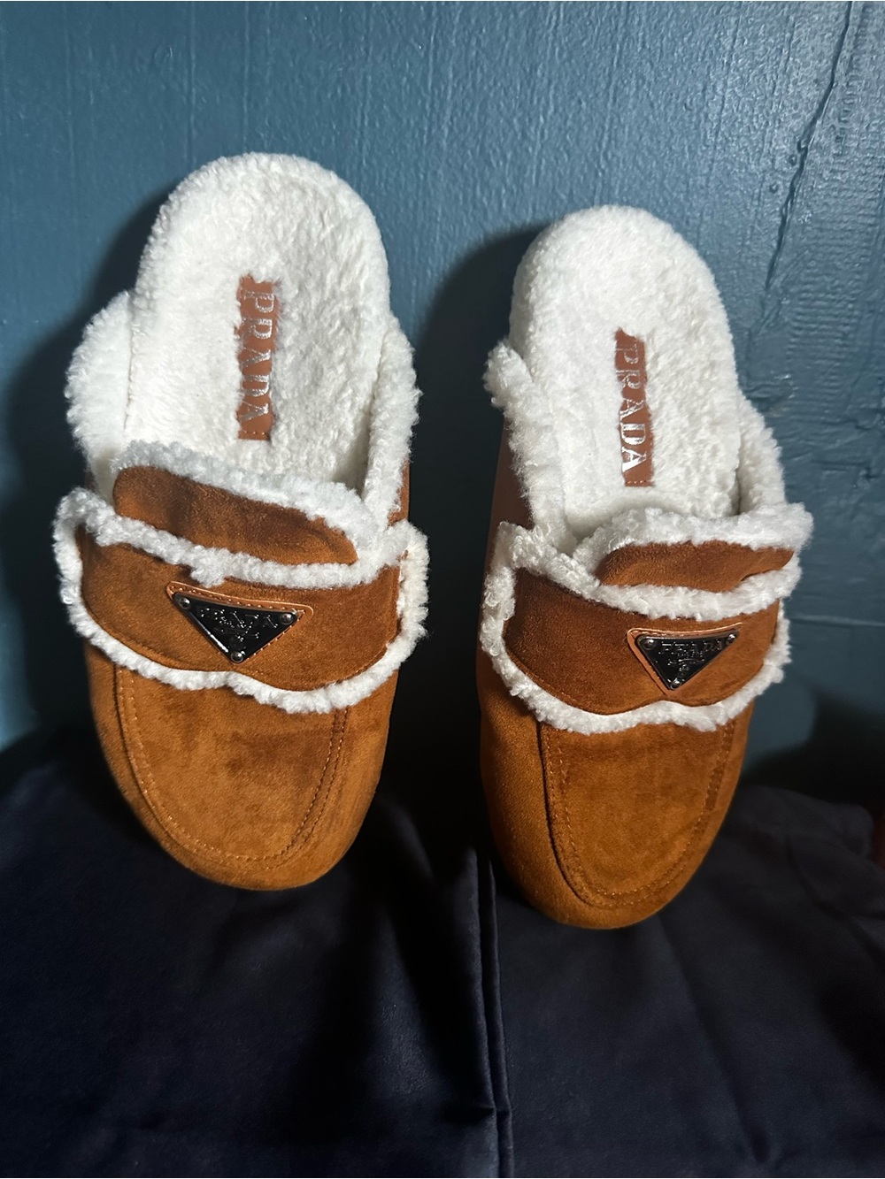 Prada Menβs Tan Suede Shearling-Lined Slip-On Loafers
